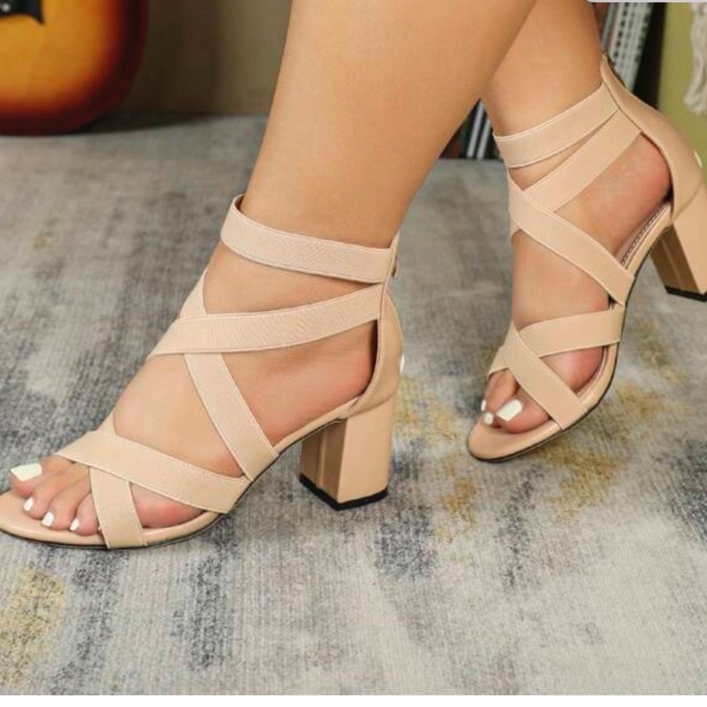 Elegant Beige Strappy Block Heel Sandals